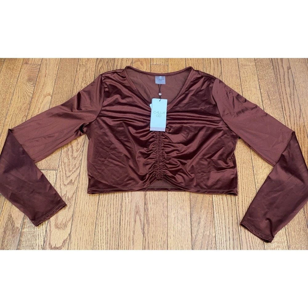 CALIA Women's Long Sleeve Ruched Swim‎ Rashguard Red Brown Shine Size Large